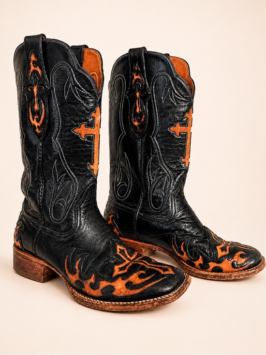 Black Jack Shoes - Black Jack Cross Flame Western Cowboy Boots Handmade USA Size 9B